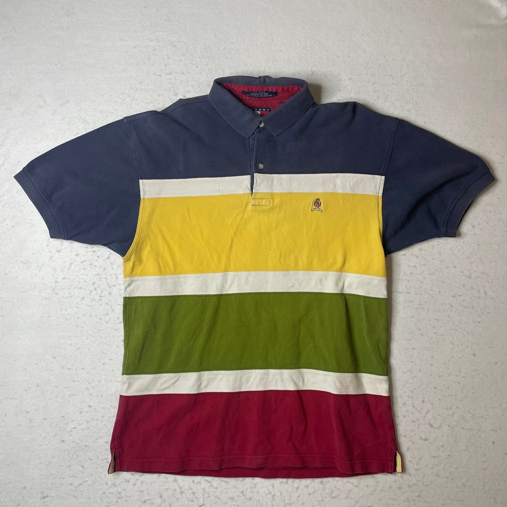 Tommy Hilfiger Polo Shirt Mens M Multicolor Striped Short Sleeve Pique Cotton